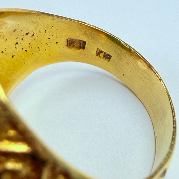 Estate 18K Solid Yellow Gold Mens Natural Jade Signet VTG Antique Scroll Ring - Picture 6 of 12